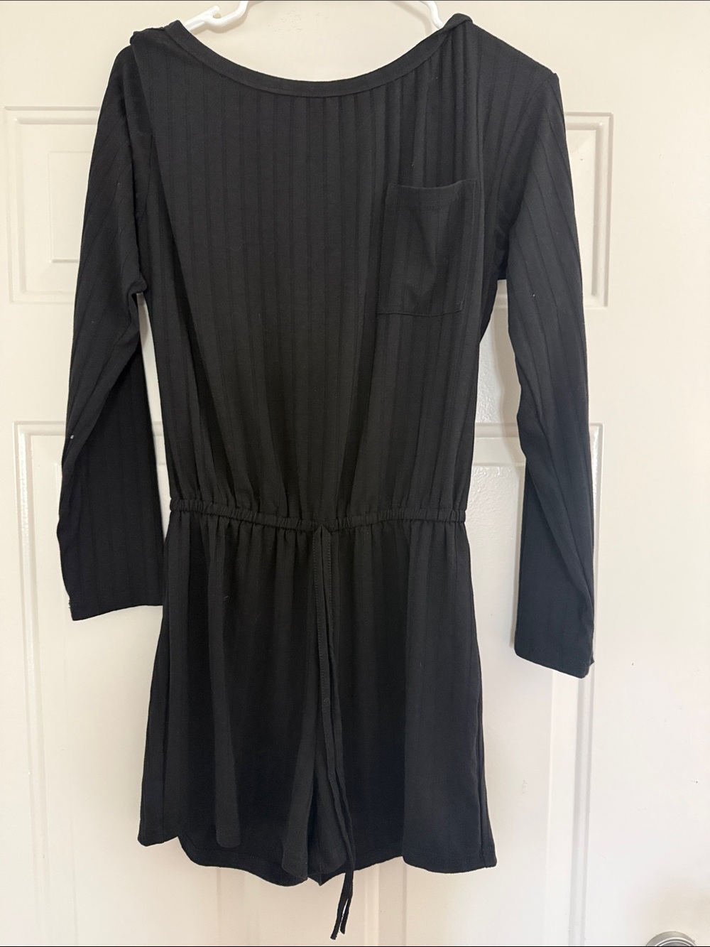 Women's Black Long-Sleeve Ribbed Romper with Drawstring Waist